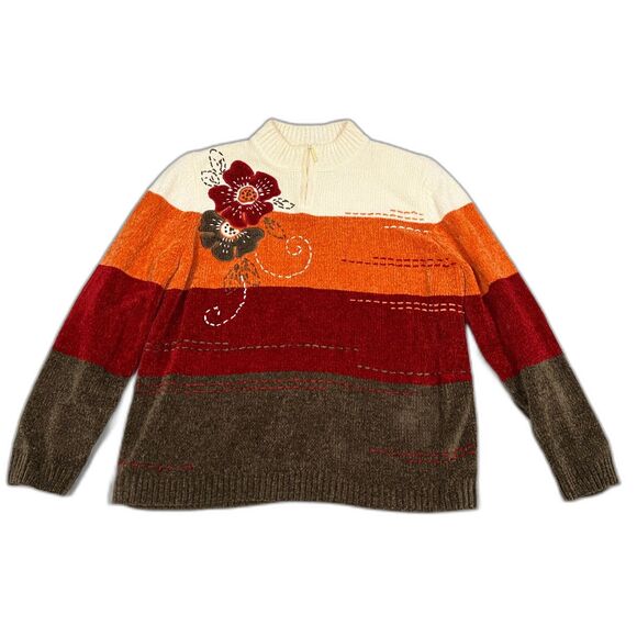 Alfred Dunner Women's Sweater Large Embroidered Floral Pullover Cozy Knit - Picture 1 of 3